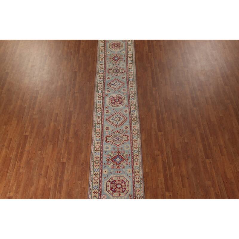 Light Blue Kazak Runner Rug Hand-Knotted Wool Carpet - 2'7" x 15'9"