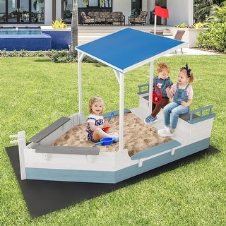 Fir Wood Boat Sand Box Pirate Ship Sandbox w/ Canopy & Flag - On