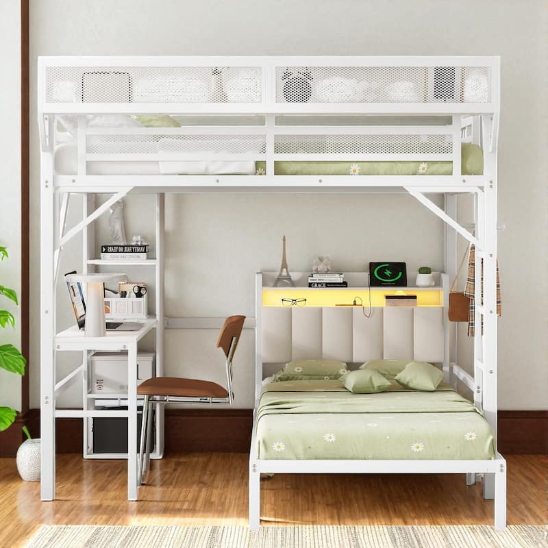 Full Over Twin Metal Bunk Bed with Desk, Bookshelves, LED Lights & Charging Station, Detachable Loft Bed