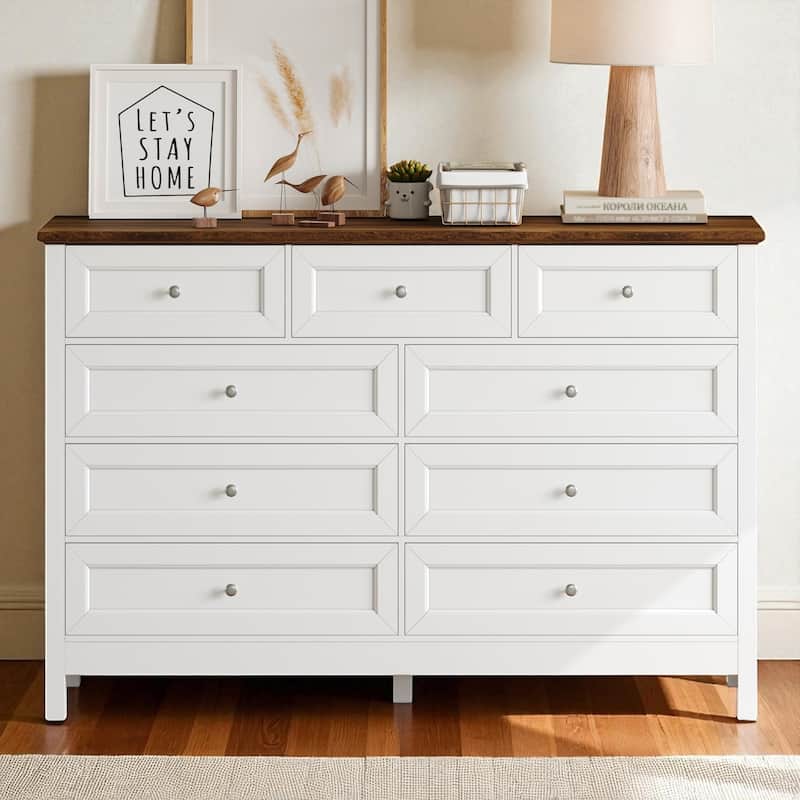 Rustic Wood 9-Drawer Dresser, Pine & MDF Chest with Silver Handles, Storage Organizer for Bedroom - White