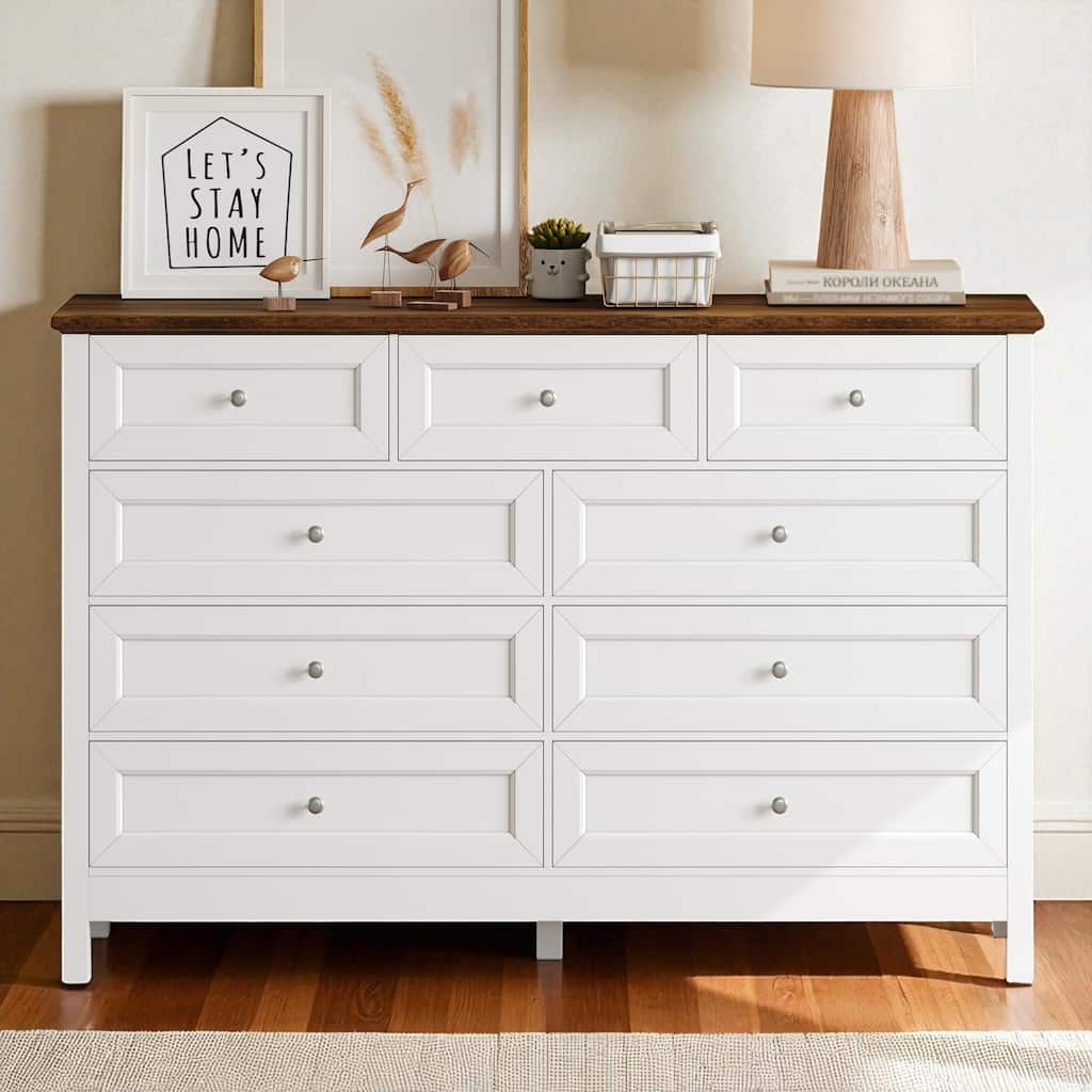 Rustic Wood 9-Drawer Dresser, Pine & MDF Chest with Silver Handles, Storage Organizer for Bedroom