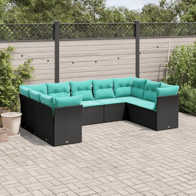 vidaXL 9 Piece Patio Sofa Set with Cushions Black Poly Rattan - 113.8x27.2x70.5-Without table