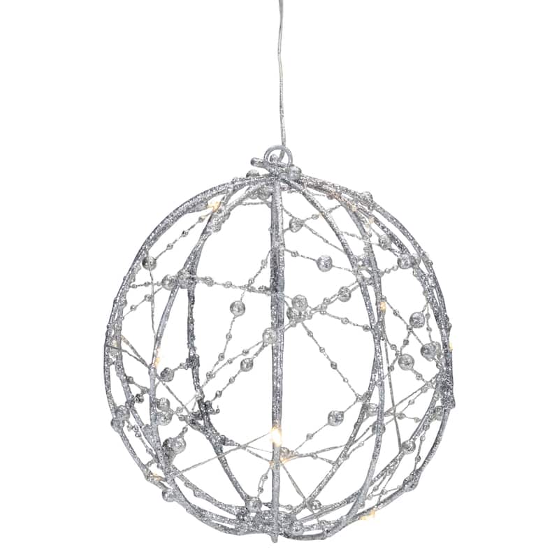 8" LED Lighted Silver Wired Christmas Hanging Ball Decoration - Warm White Lights