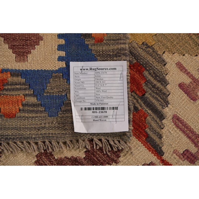 Colorful Geometric Kilim Oriental Area Rug Hand-Woven Wool Carpet - 8'7"x 9'6"