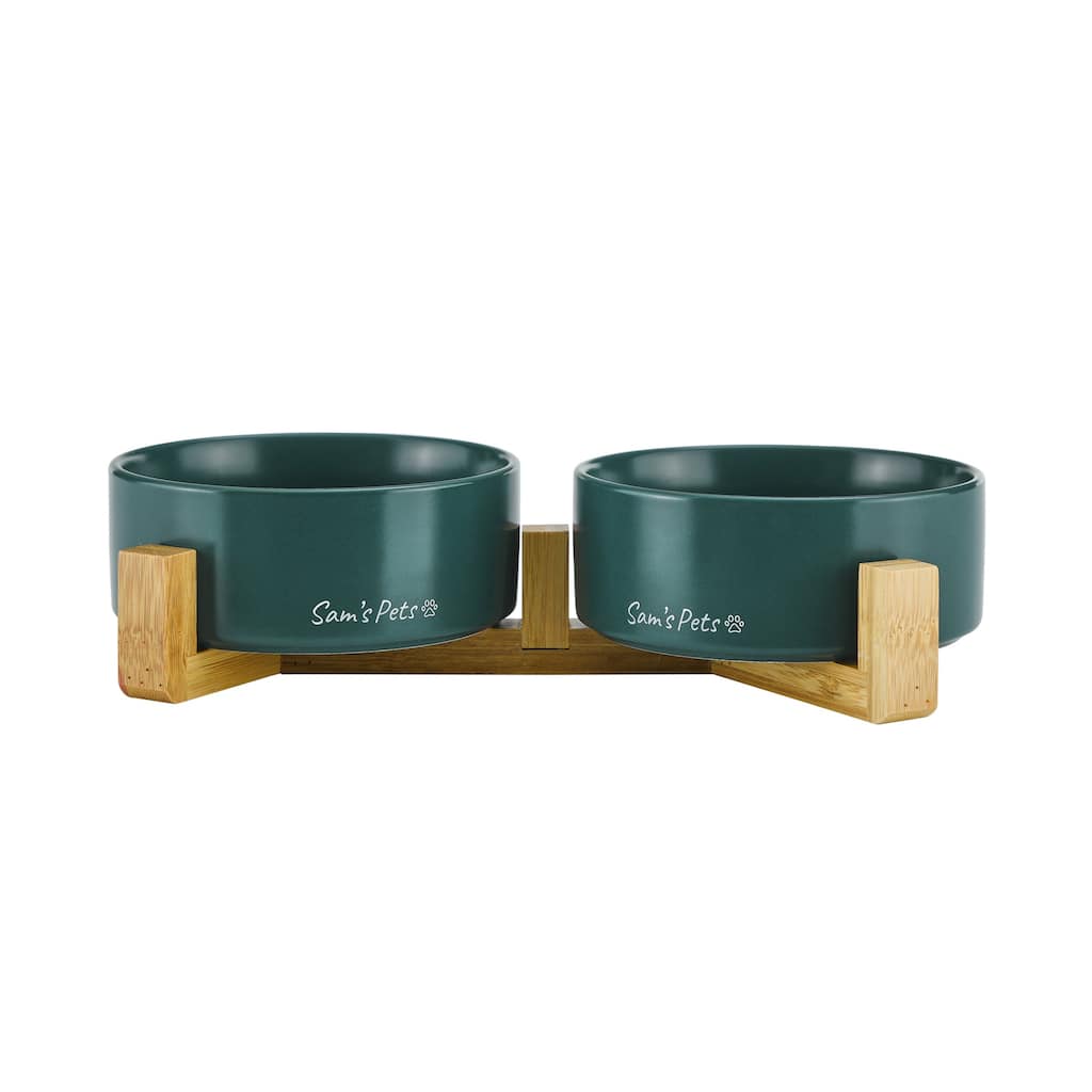 Coco Dual Pet Bowl with Wood Stand 5.11'' in Green - 10.8