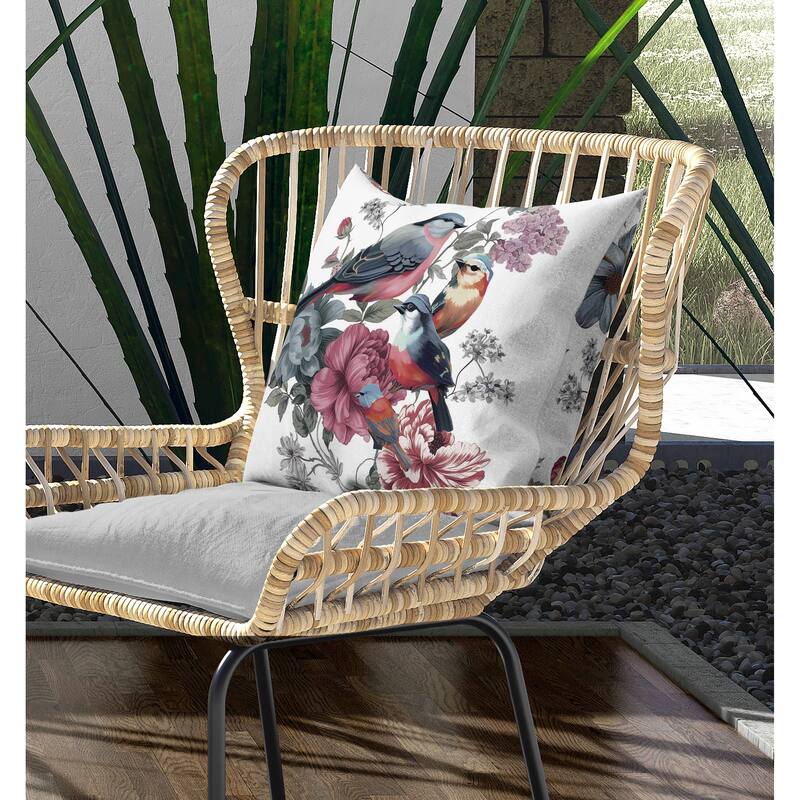 Petal Perched Birds Indoor/Outdoor Reversible Throw Pillow White and Pink