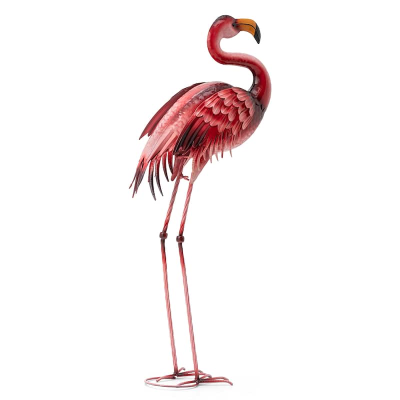 Glitzhome Metal Standing Crane Flamingo Garden Statue with Stakes Yard Art Sculpture Porch Decor