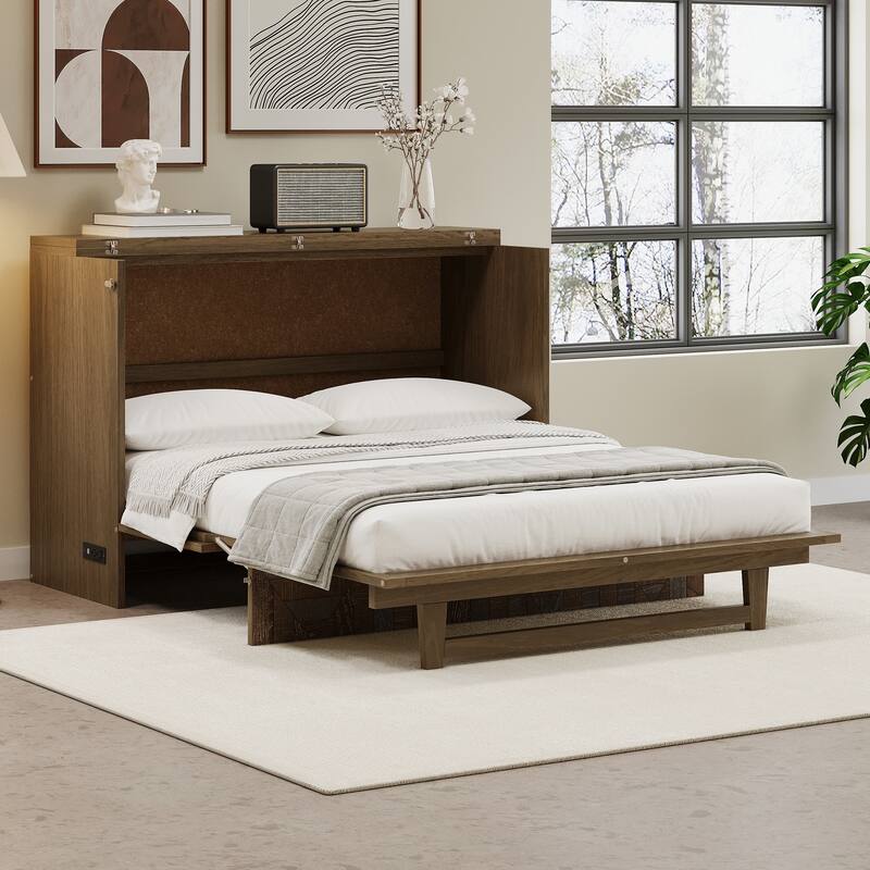 Queen Size Cabinet Murphy Bed with Charging Station and Large Storage Drawer, Geometric Veneer Foldable Murphy Bed - Brown