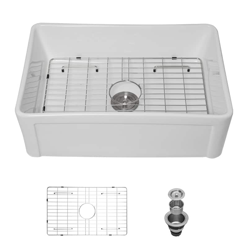 30'' White Farmhouse Single Bowl Ceramic Kitchen Sink - 30'' x 20'' x 10''