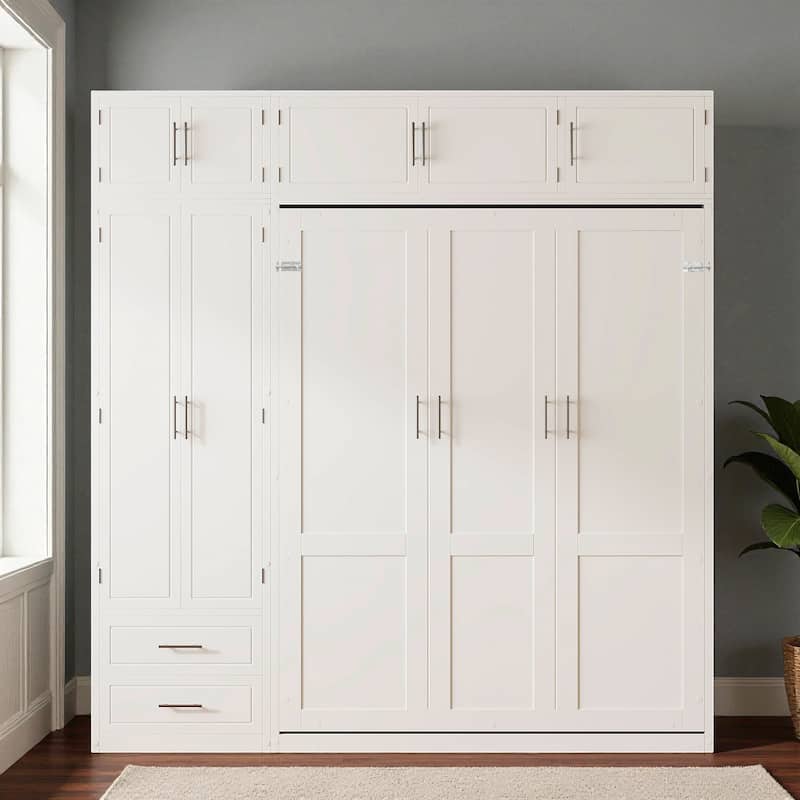 Queen Murphy Wall Bed with Top Cabinets, Shelves & Wardrobe, Space-Saving Foldable Bed with Storage