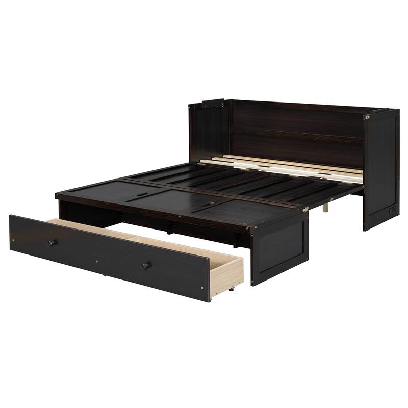 Queen Size Murphy Bed with USB Port and Large Drawer, Space-Saving Design, No Box Spring Needed, Espresso Finish
