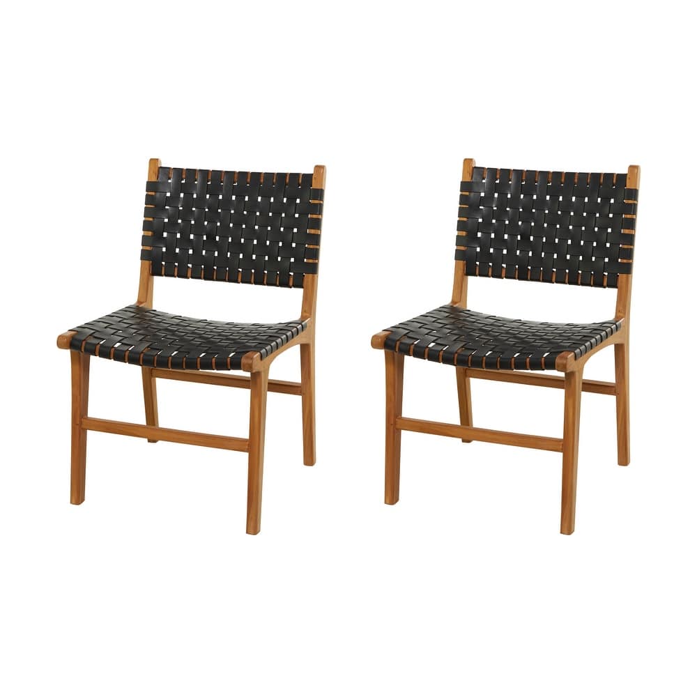 Leather Handmade Woven Dining Chair with Teak Wood Frame - Brown, White or Black- Roche River Decor