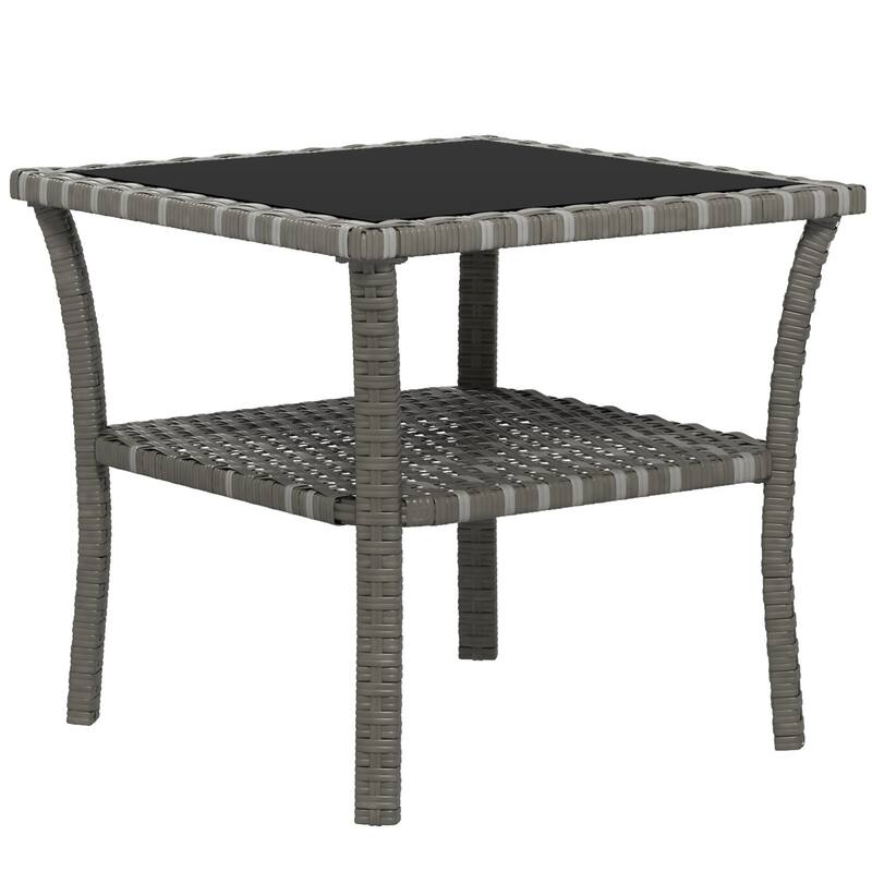 Rattan Side Table,Outdoor End Table with Storage Shelf,Coffee Table with Tempered Glass Top