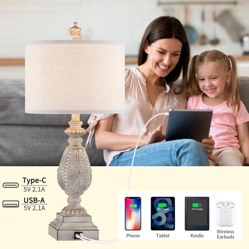 KAWOTI 26.25” Farmhouse Bedside Table Lamp with USB Ports(Set of 2) - W12" x H26.25"