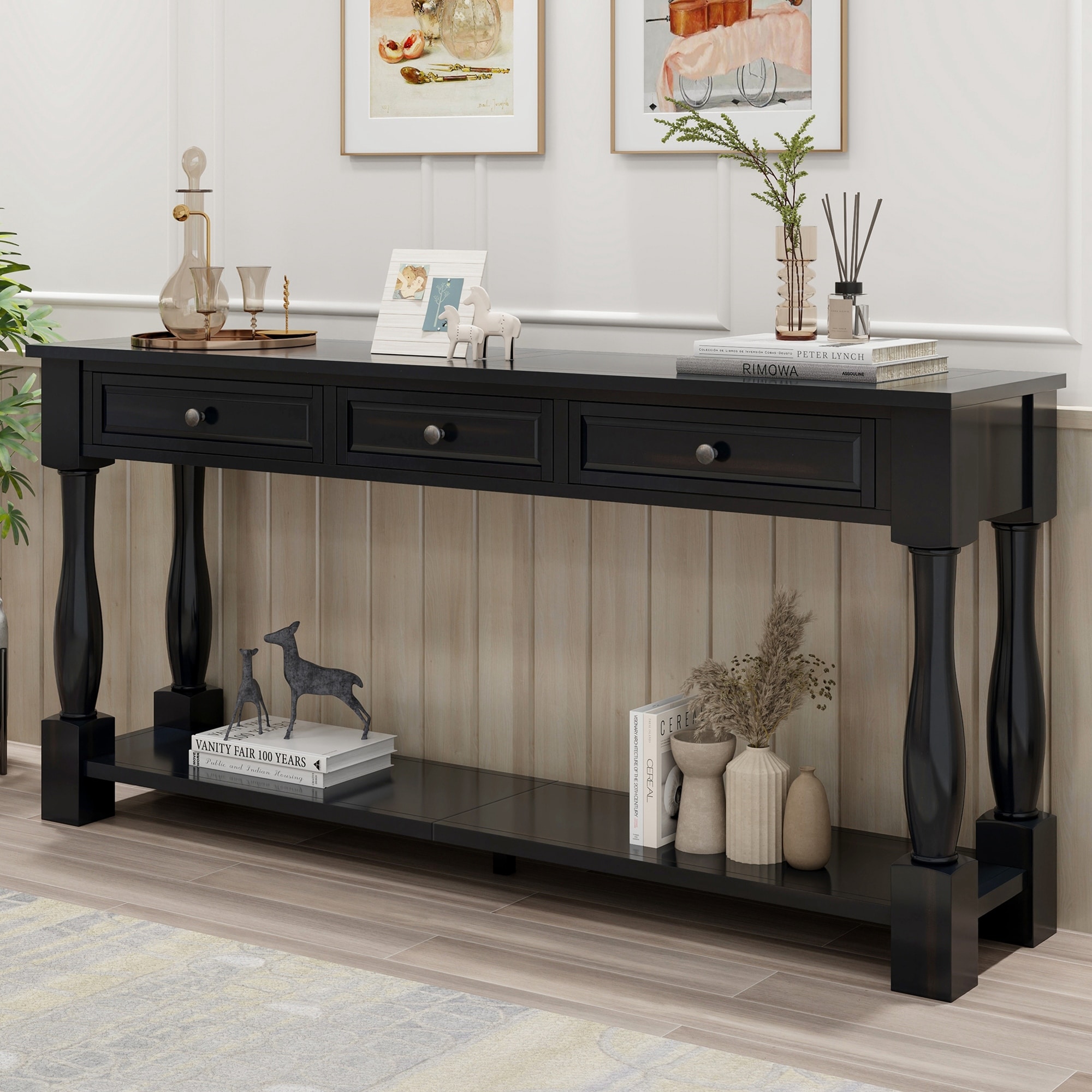Farmhouse 63" Long Console Table with Drawers and Shelf for Entryway
