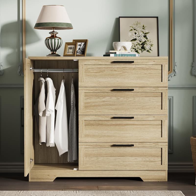 Wood Armoire Wardrobe Closet with 4 Drawers and Door, 43.3" H Bedroom Wardrobe Cabinet with Hanging Rod - Yellow
