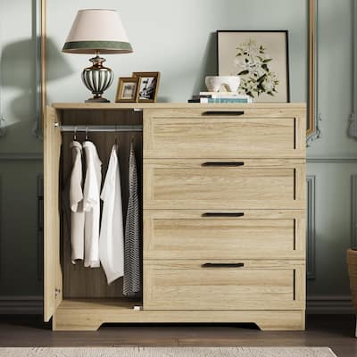 Wood Armoire Wardrobe Closet with 4 Drawers and Door, 43.3" H Bedroom Wardrobe Cabinet with Hanging Rod