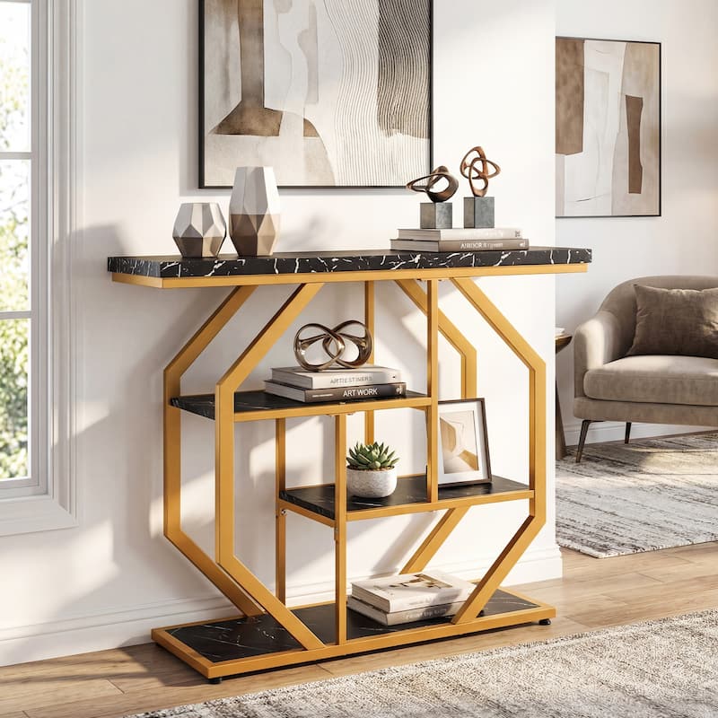 Gymax 40'' Console Table w/Storage Shelves Geometric Metal Frame for