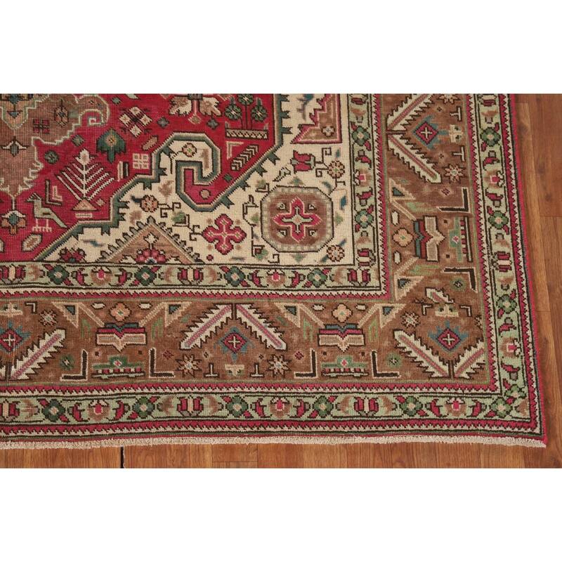 Geometric Pink Tabriz Persian Vintage Rug Hand-Knotted Wool Carpet - 6'7"x 9'9"