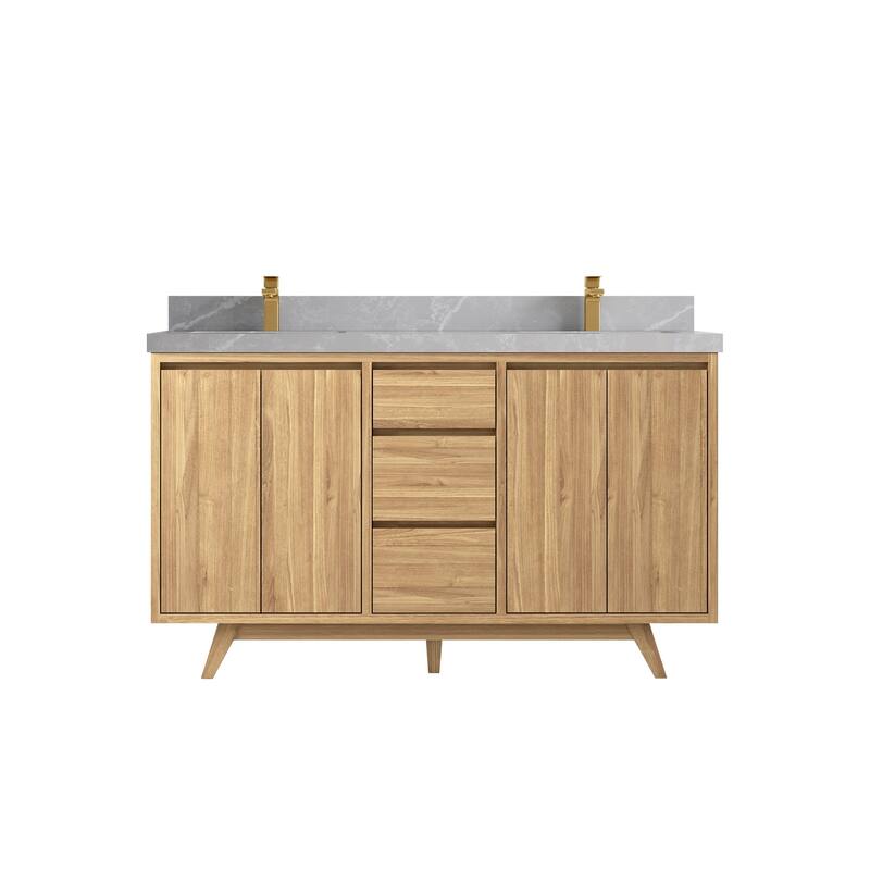 Willow Collections 60 in. W x 22 in. D Madison Teak Double Sink Bathroom Vanity with Countertop - 2" Pearl Gray - Light Natural Teak