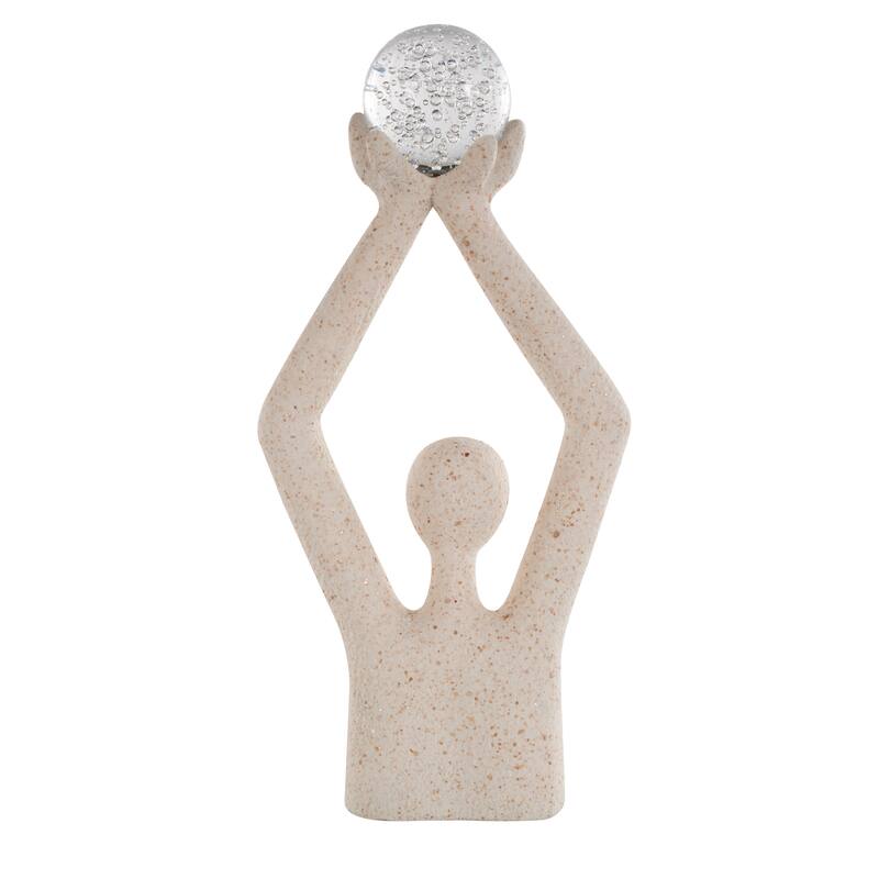 Cream Polystone Abstract Textured People Decorative Sculpture with Clear Glass Ball and Gold Speckles