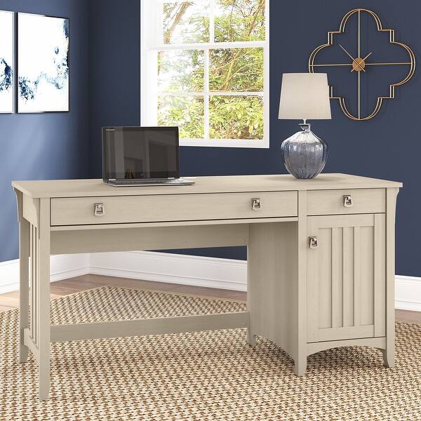 slide 1 of 39, Salinas Computer Desk with Storage and Keyboard Tray by Bush Furniture Antique White