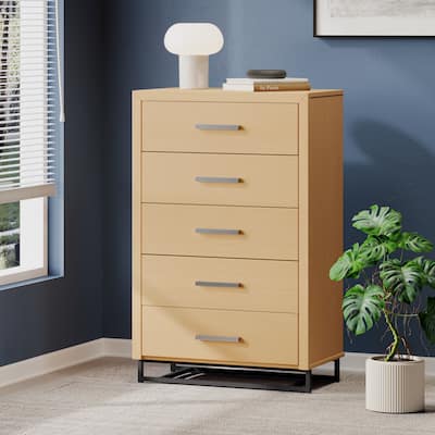 Roomfitters Vertical Wood Storage Cabinet with 5 Compartments and Black Metal Base, Modern Organizer, Natural
