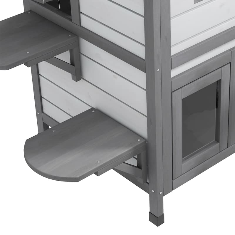 PawHut Fir Wood 2-Story Outdoor Cat House, Wooden Feral Cat Shelter with Openable Asphalt Roof for Indoor/Outdoor, White / Grey