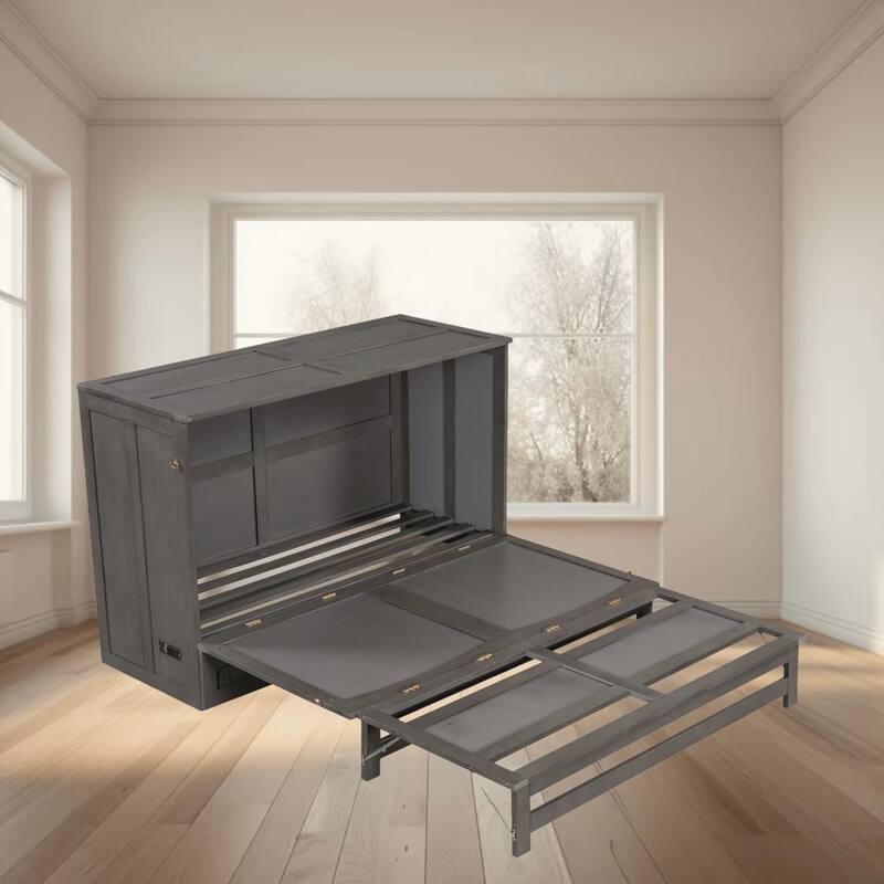 Queen Size Murphy Bed with Built-In Charging Station and Big Storage Drawer, Space-Saving Modern Wall Bed Frame, for Bedroom - Grey - Queen