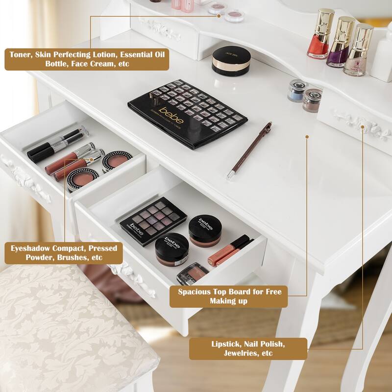 Gymax Makeup Vanity Dressing Table Set w/10 Dimmable Bulbs Cushioned - See Details