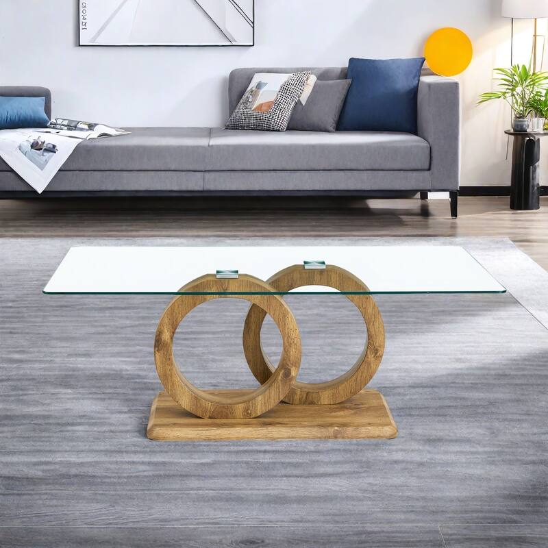 25.59" MDF Modern Minimalist Coffee Table with Circular MDF Base - Clear Top - Natural Wood