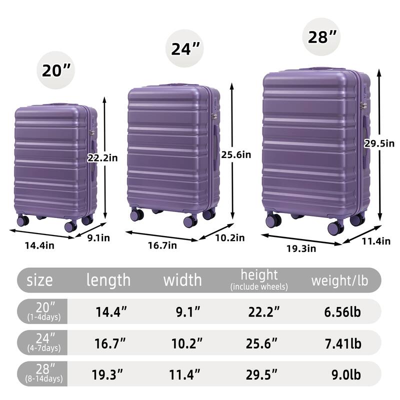 Luggage Sets 3 Piece Suitcases with Wheels, Suitcase Set ABS Hard Case Luggage with TSA Combination Lock, for Men and Women