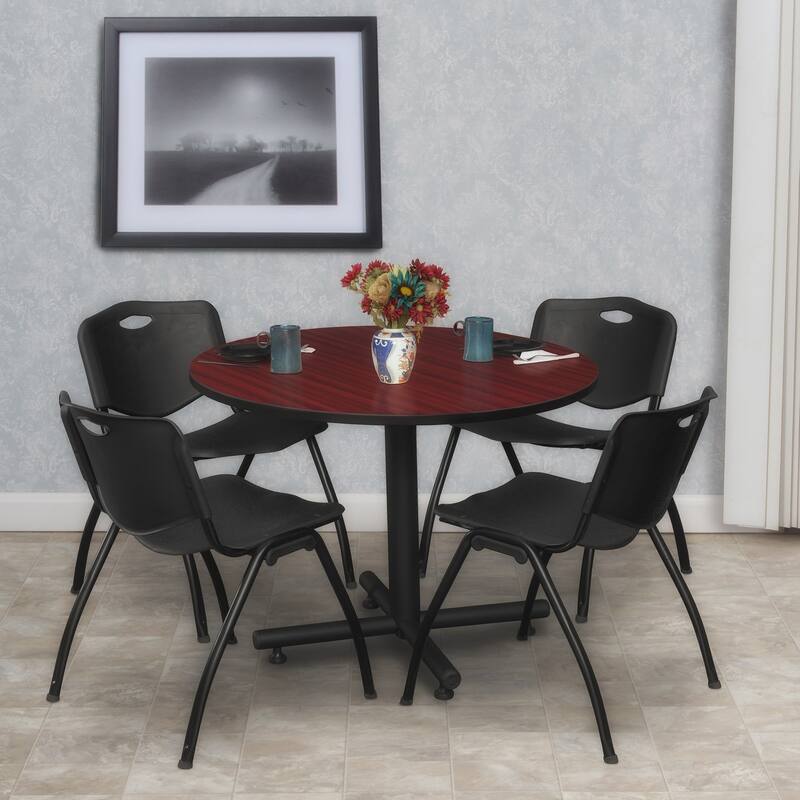 36 in. Round Breakroom Table- Mahogany & 4 'M' Stack Chairs- Black