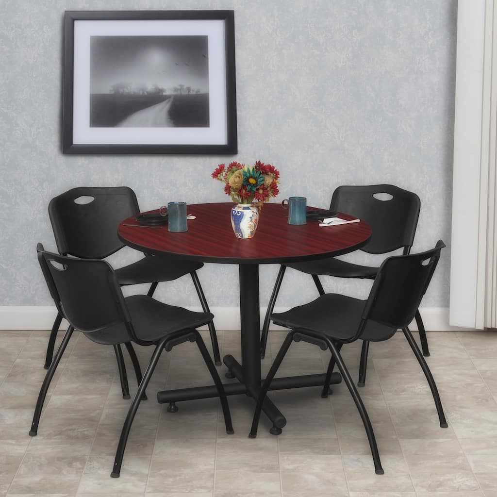 36 in. Round Breakroom Table- Mahogany & 4 'M' Stack Chairs- Black