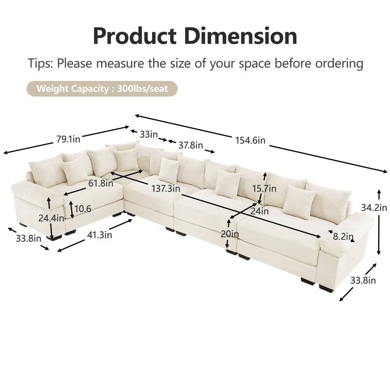 GDFStudio - Corduroy L-Shaped 5-Seater 154.6" Cloud Modular Sectional Couch