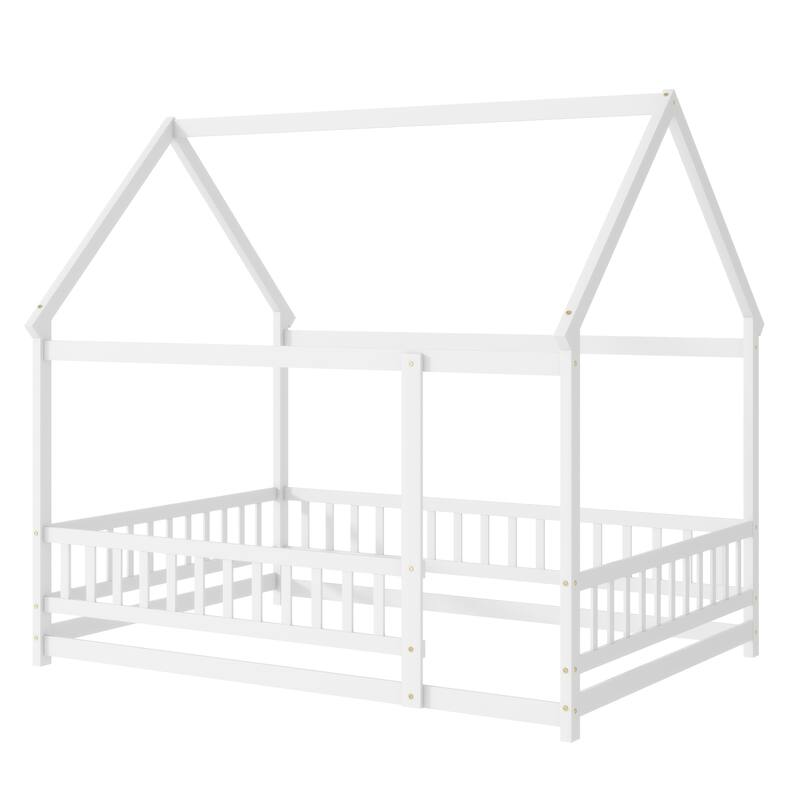 Full Size Wooden House Floor Bed with Roof Frame and Safety Guardrails, White