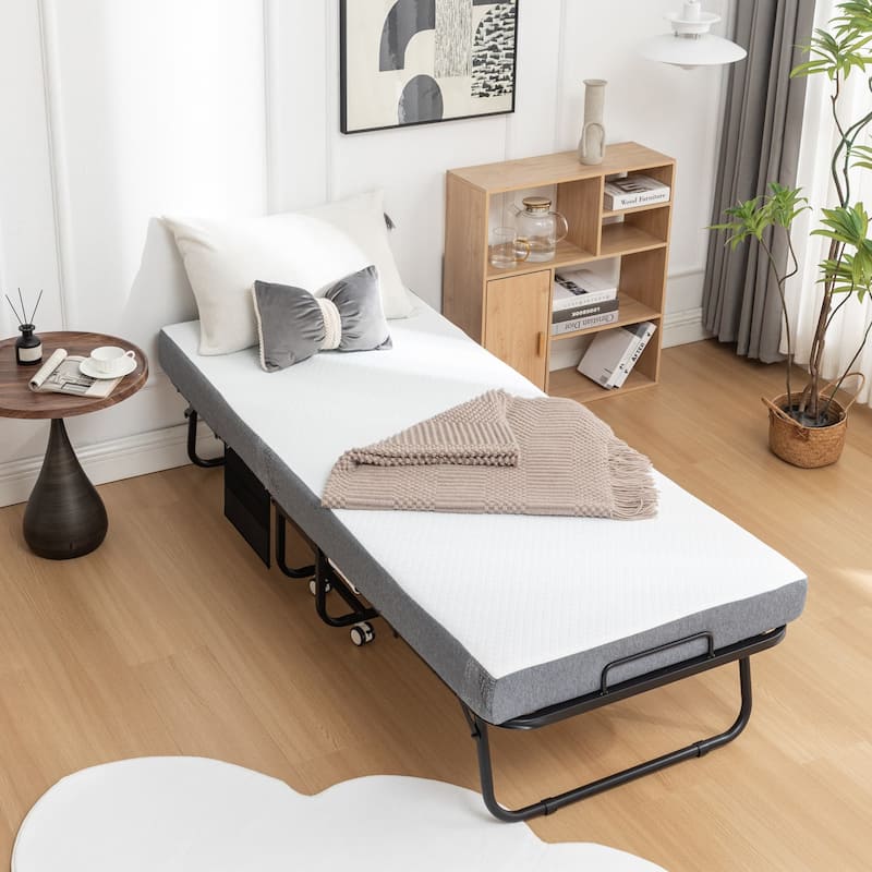 Portable Folding Bed Rollaway Bed with Memory Foam Mattress, Wheels - 75x31
