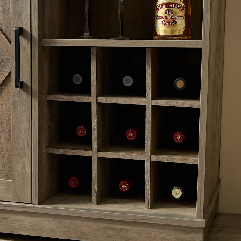 Rustic Bar Cabinet with 9-Bottle Wine Rack, Adjustable Shelves, and Barn Door Design