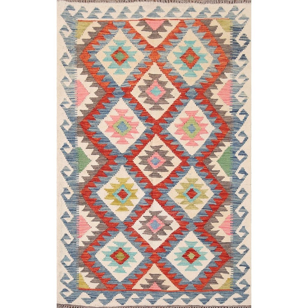 Multicolor Kilim Oriental Rug Flatweave Wool Foyer Carpet - 3'4" x 5'2"
