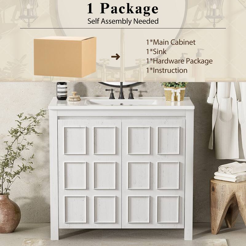36" Bathroom Vanity with Ceramic Sink Set Freestanding Bathroom Storage Cabinet with Adjustable Shelf in Antique White