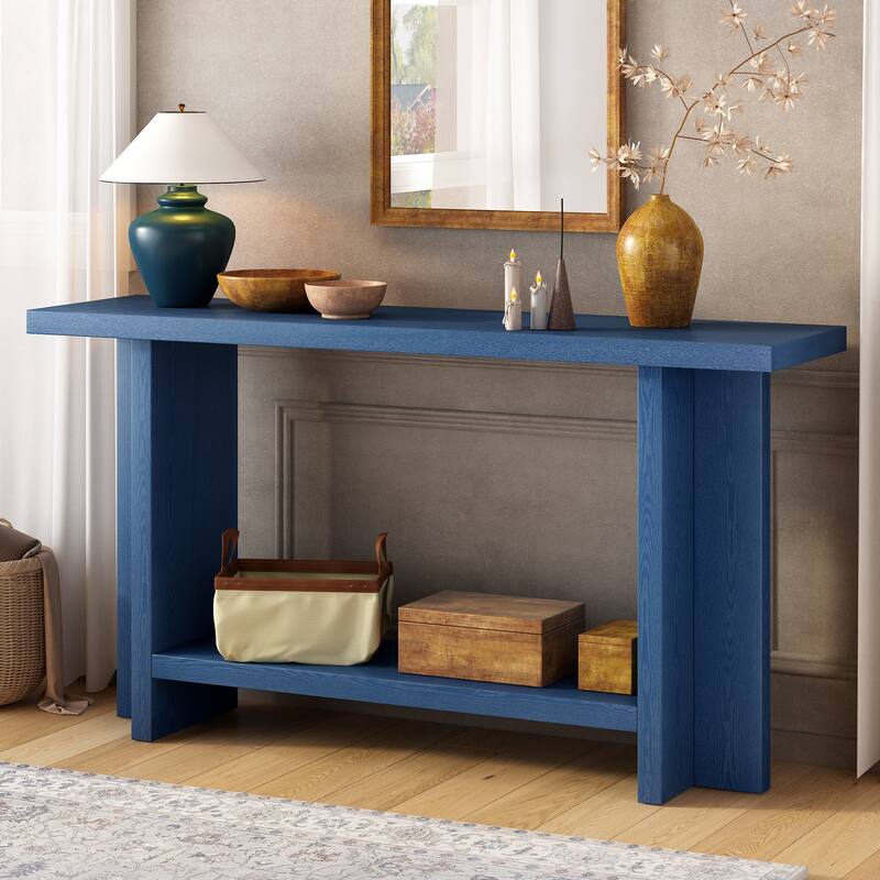 60" Console Table with T-Leg Base & Ash Veneer, Modern Style - Navy Blue