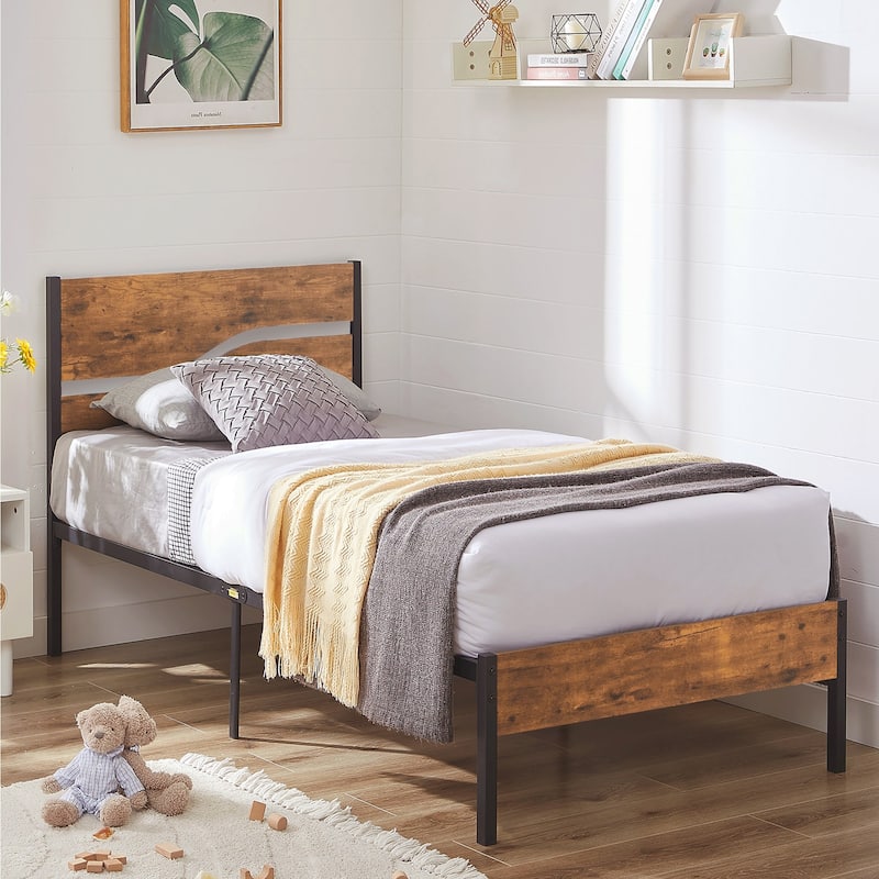 VECELO Beds Industrial Platform Bed Frame with Wood Headboard,Easy Set up