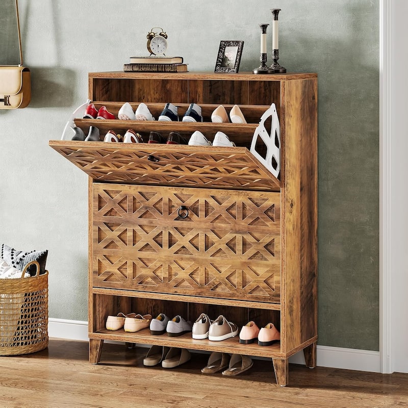 Narrow Hidden Shoe Storage Cabinet with 2 Flip Drawers - Brown
