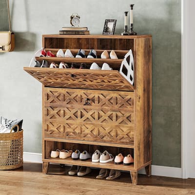 Narrow Hidden Shoe Storage Cabinet with 2 Flip Drawers