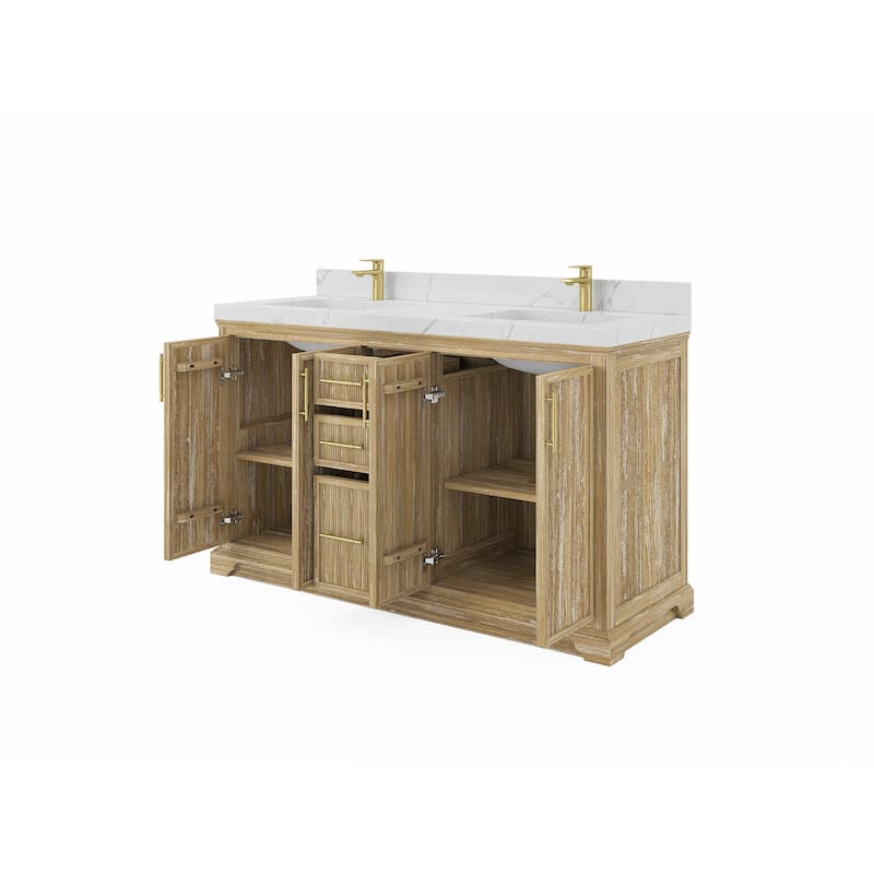 Willow Collections 60 x 22 Alys Solid Teak Wood Double Sink Bathroom Vanity with Quartz or Marble Countertop