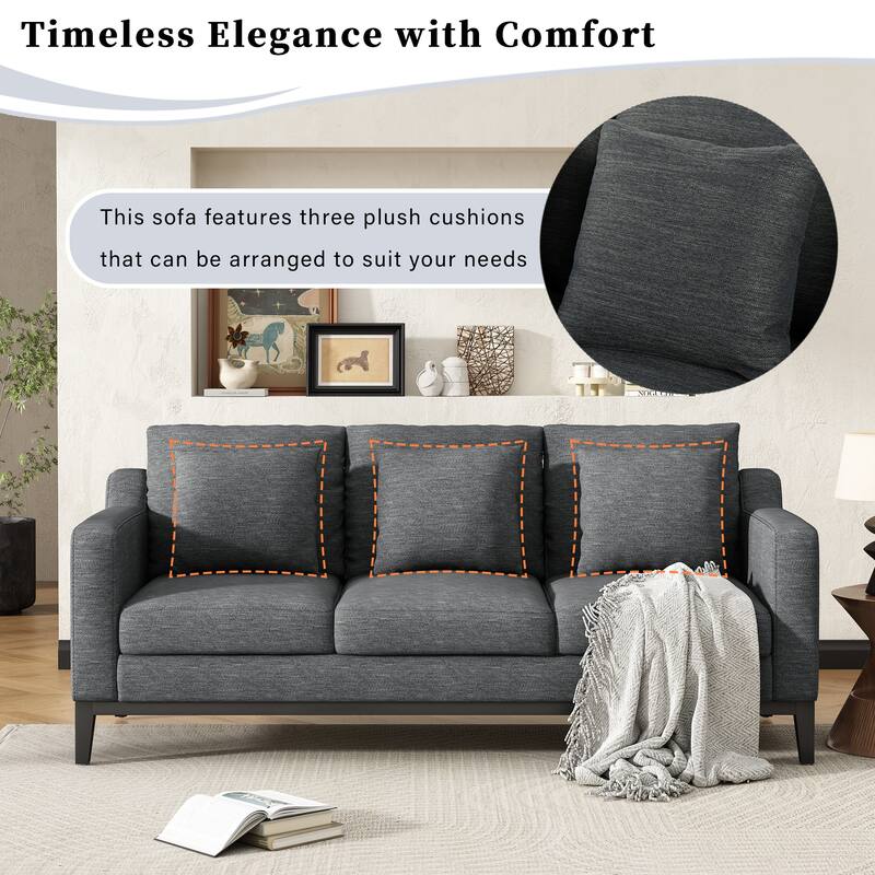 3 Seat Fabric Sofa, Couch Upholstered Leisure Couches with Deep Seats, Modern Square Arms Sofa with Wooden Legs
