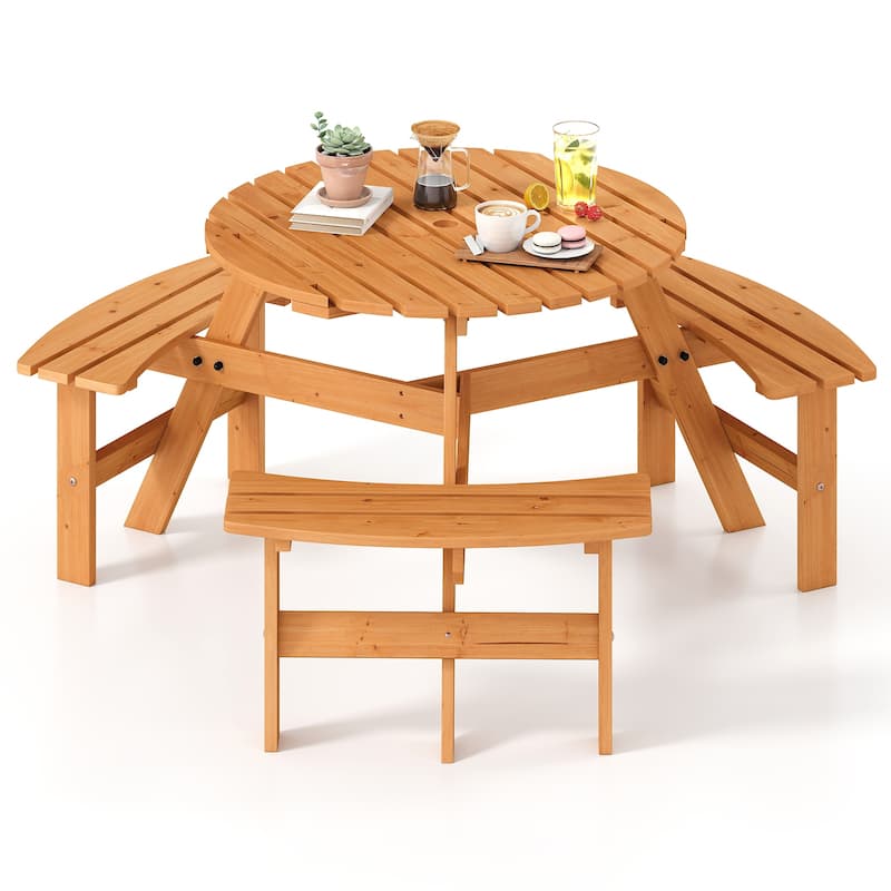 6-Person Picnic Table Set Outdoor Wood Dining Set w/ Umbrella Hole - Yellow