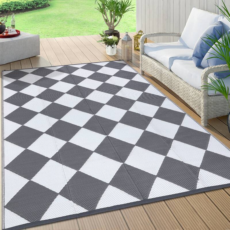Outdoor Rug Waterproof Reversible Rug Plastic Straw Rug Checkered Floor Mat Outside Carpet for Camping RV Backyard Patio - 9'x18' - Gray White