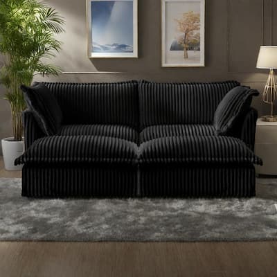 83.4" Corduroy 2-Seater Sofa Set with 2 Ottomans & Sleeper Function and Removable Slipcovers