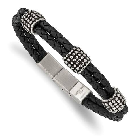 Chisel Stainless Steel Antiqued and Polished Black Leather 8.25 Inch Bracelet